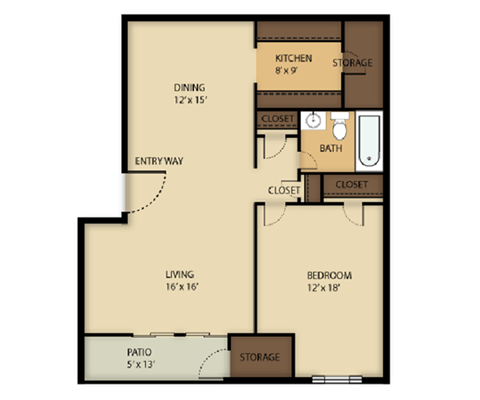 Floor plan for 1 bed, 1 bath, 825 sqft
